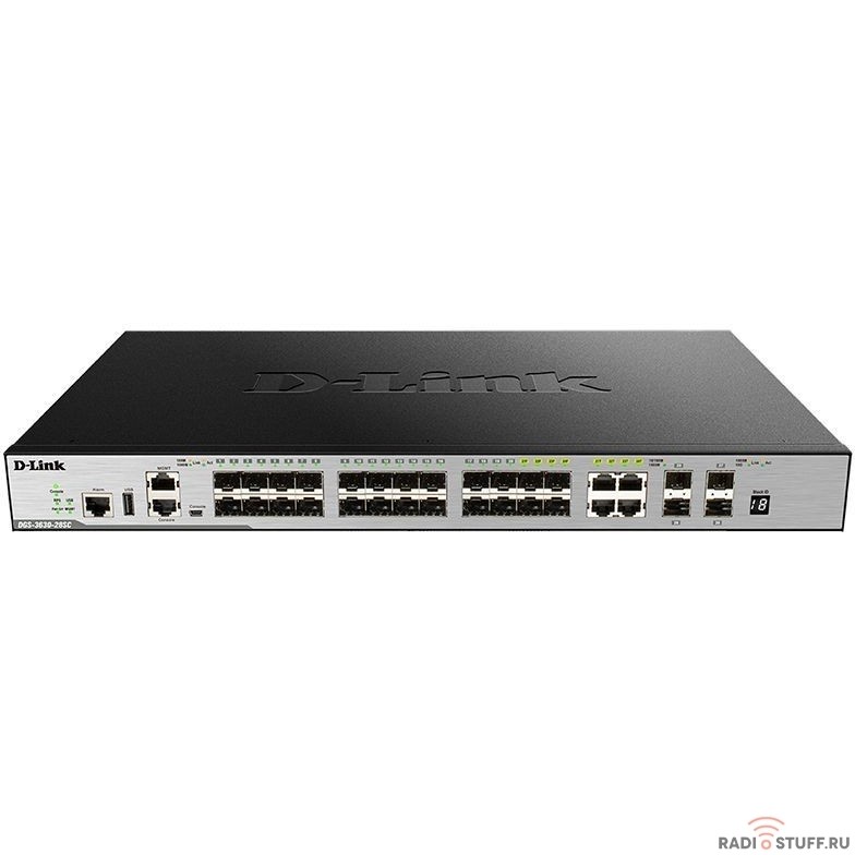 D-Link DGS-3630-28SC/A2ASI PROJ Управляемый стекируемый коммутатор 3 уровня с 20 портами 1000Base-X SFP, 4 комбо-портами 10/100/1000Base-T/SFP, 4 портами 10GBase-X SFP+ и Standard Image