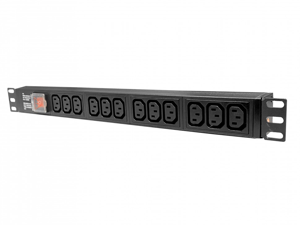 Блок розеток 19", 10А, 12 роз-к IEC C13, б/шнура, гн IEC C14, 1U, выкл, металл, чёрн "S"